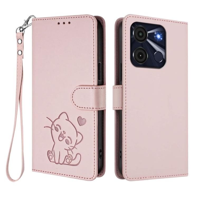 For Itel A60 / A60s Embossed Heart Cat Leather Phone Case with Hand Strap