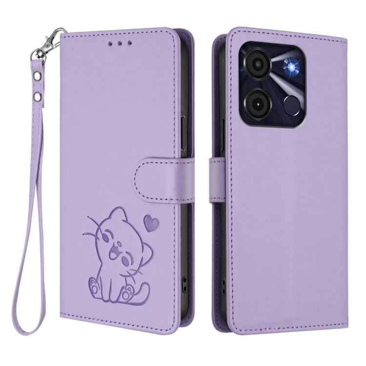 For Itel A60 / A60s Embossed Heart Cat Leather Phone Case with Hand Strap