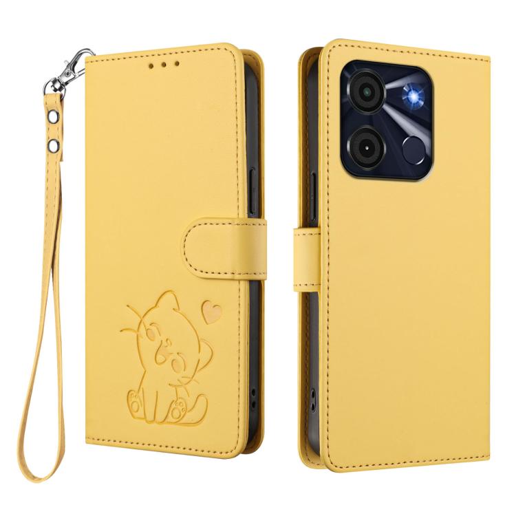 For Itel A60 / A60s Embossed Heart Cat Leather Phone Case with Hand Strap