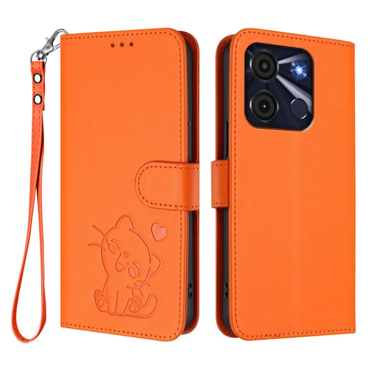 For Itel A60 / A60s Embossed Heart Cat Leather Phone Case with Hand Strap