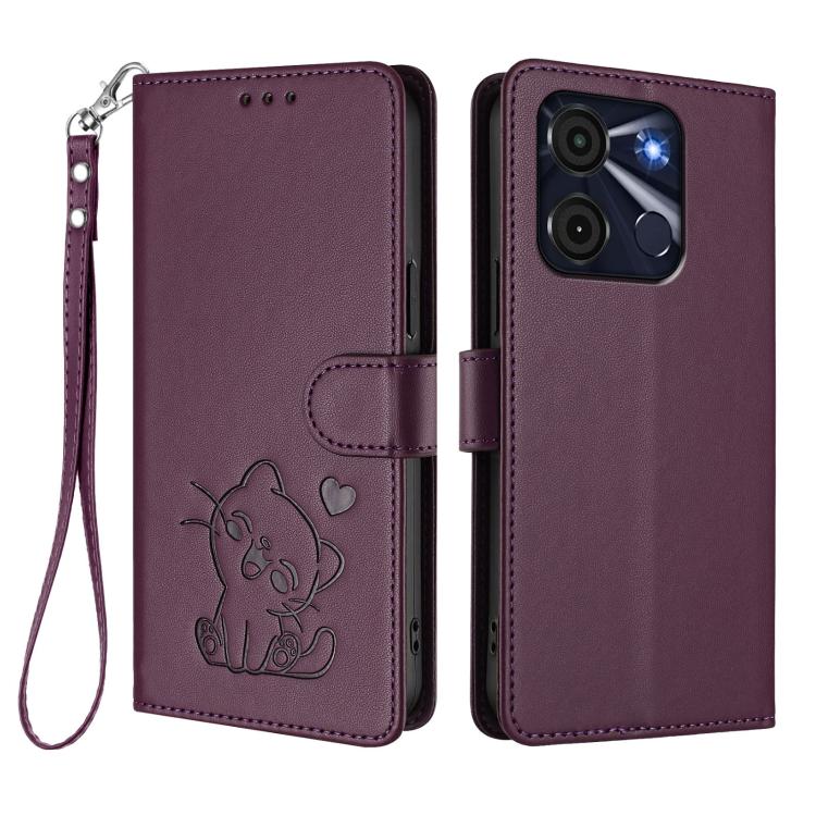 For Itel A60 / A60s Embossed Heart Cat Leather Phone Case with Hand Strap