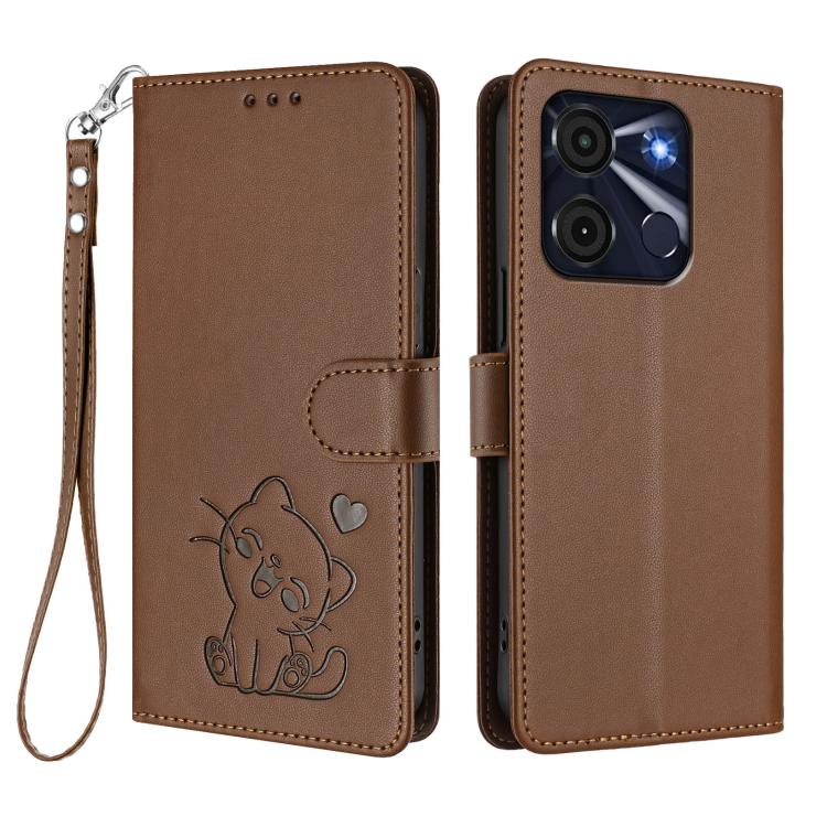 For Itel A60 / A60s Embossed Heart Cat Leather Phone Case with Hand Strap