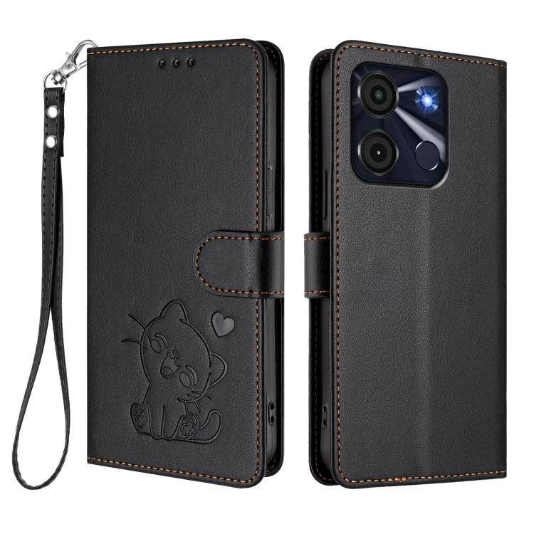 For Itel A60 / A60s Embossed Heart Cat Leather Phone Case with Hand Strap