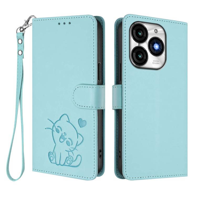 For Itel A70 Embossed Heart Cat Leather Phone Case with Hand Strap