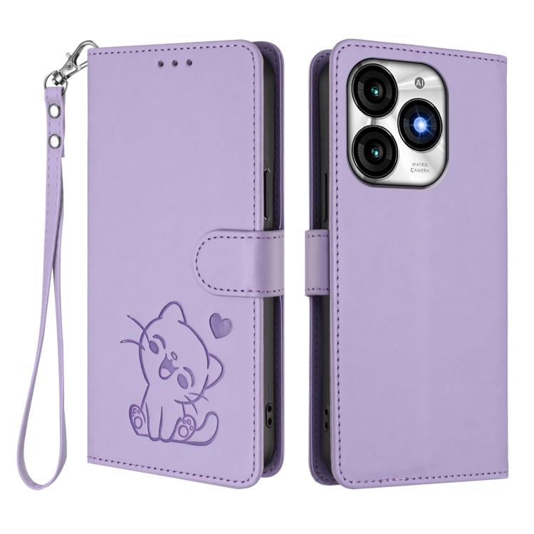 For Itel A70 Embossed Heart Cat Leather Phone Case with Hand Strap