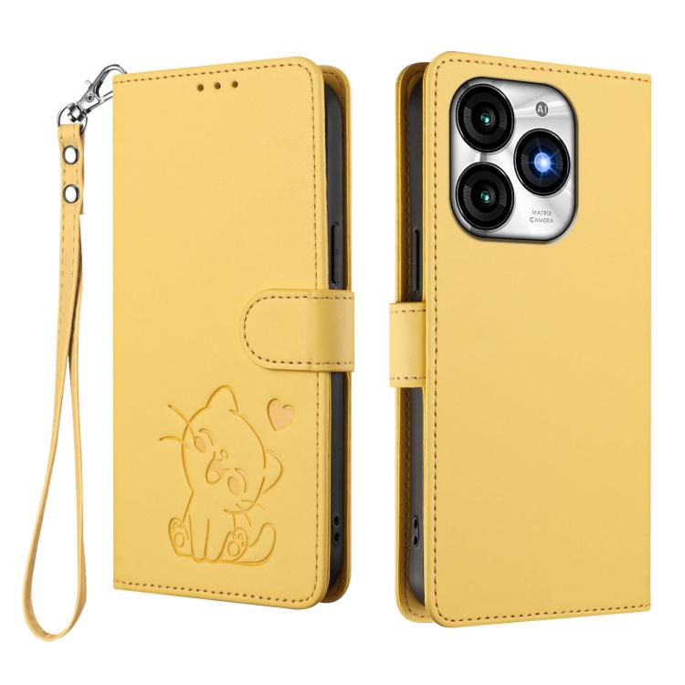 For Itel A70 Embossed Heart Cat Leather Phone Case with Hand Strap