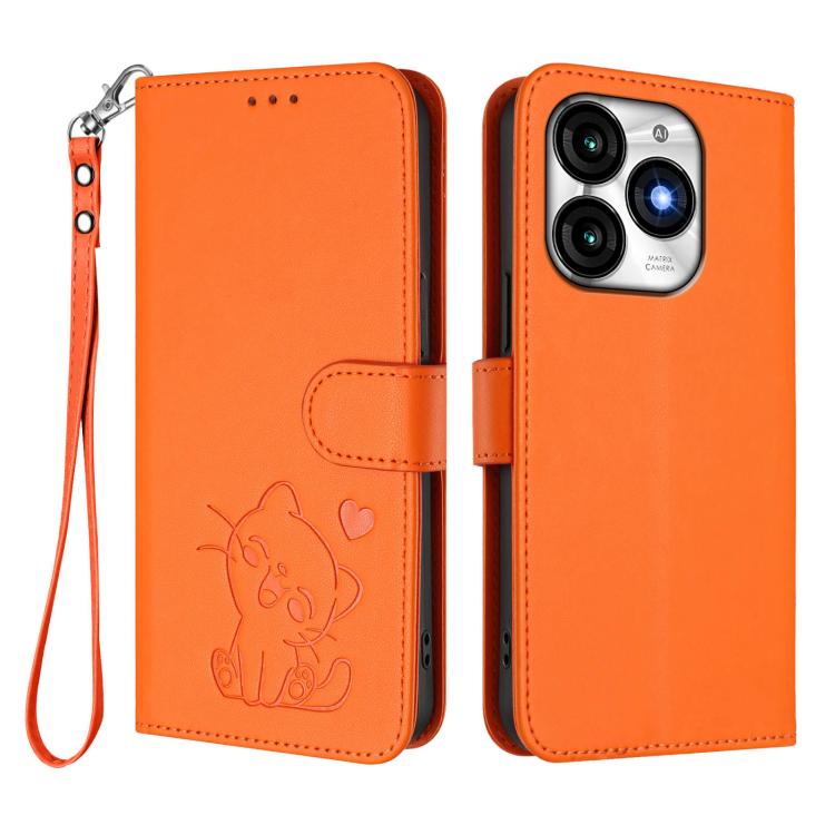 For Itel A70 Embossed Heart Cat Leather Phone Case with Hand Strap