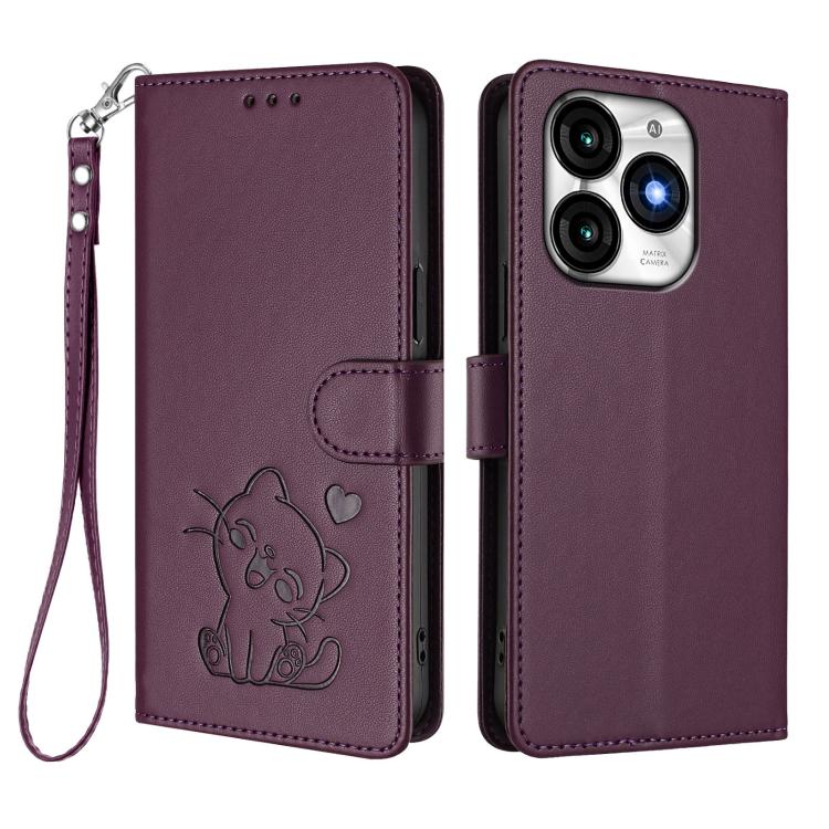 For Itel A70 Embossed Heart Cat Leather Phone Case with Hand Strap