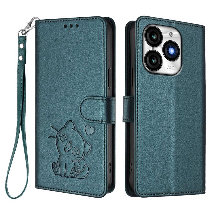For Itel A70 Embossed Heart Cat Leather Phone Case with Hand Strap