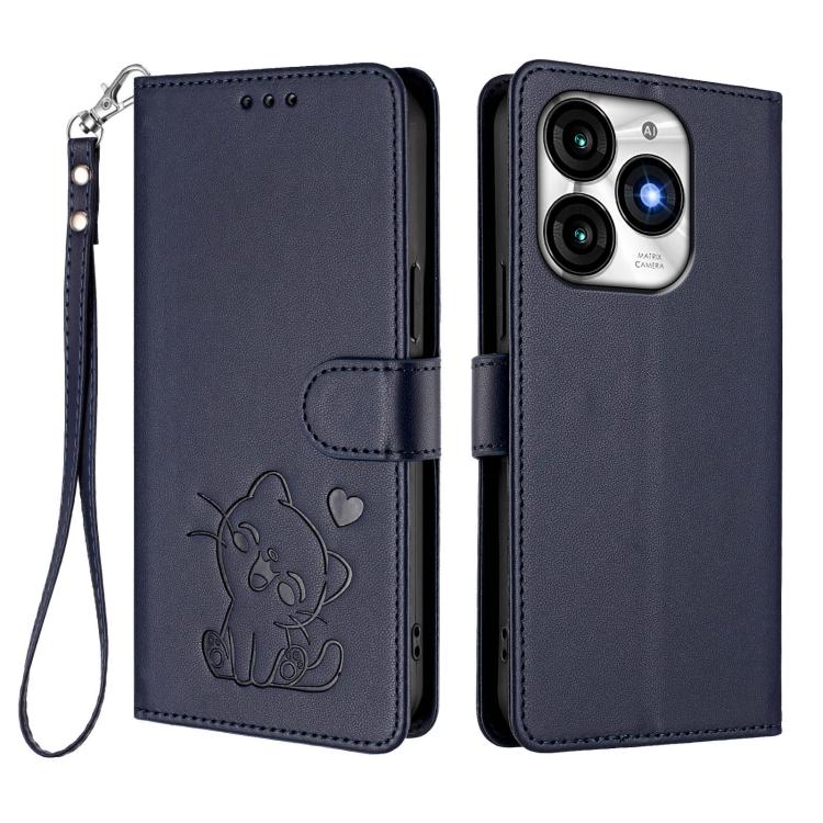 For Itel A70 Embossed Heart Cat Leather Phone Case with Hand Strap