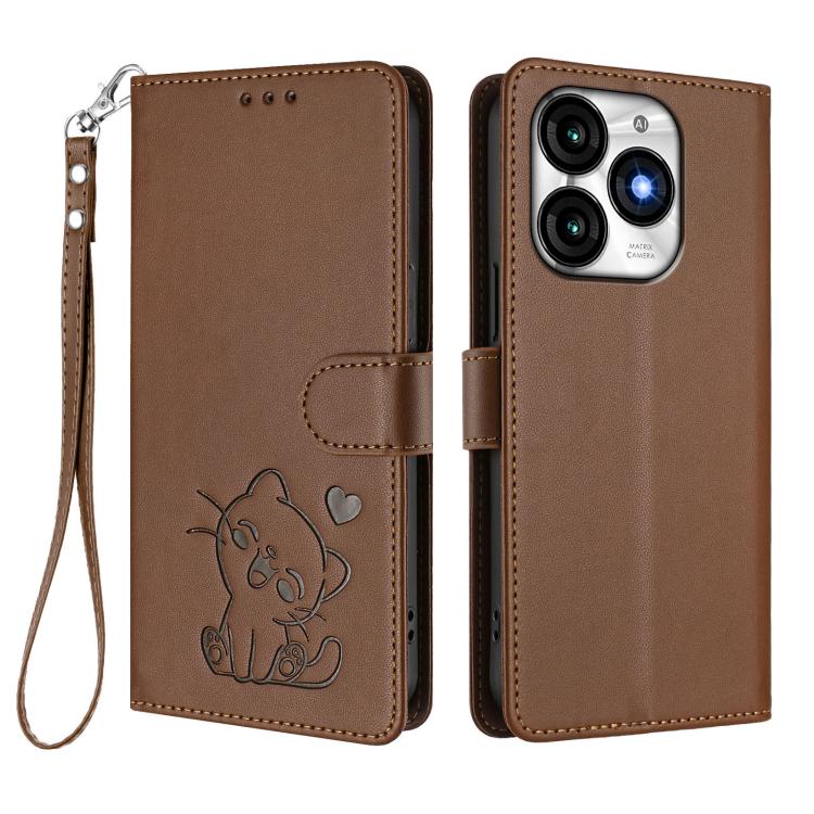 For Itel A70 Embossed Heart Cat Leather Phone Case with Hand Strap