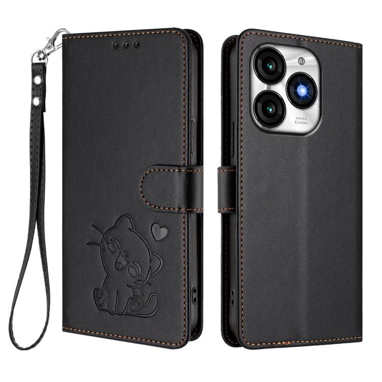 For Itel A70 Embossed Heart Cat Leather Phone Case with Hand Strap