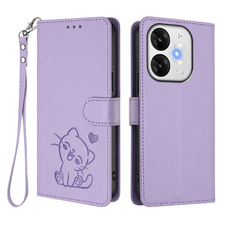 For Itel A80 4G Embossed Heart Cat Leather Phone Case with Hand Strap
