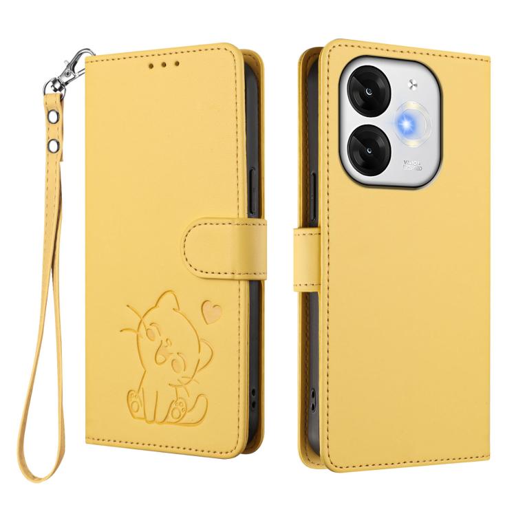 For Itel A80 4G Embossed Heart Cat Leather Phone Case with Hand Strap