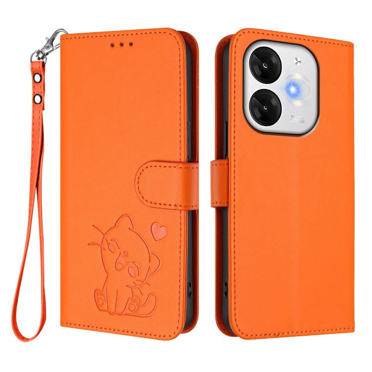 For Itel A80 4G Embossed Heart Cat Leather Phone Case with Hand Strap