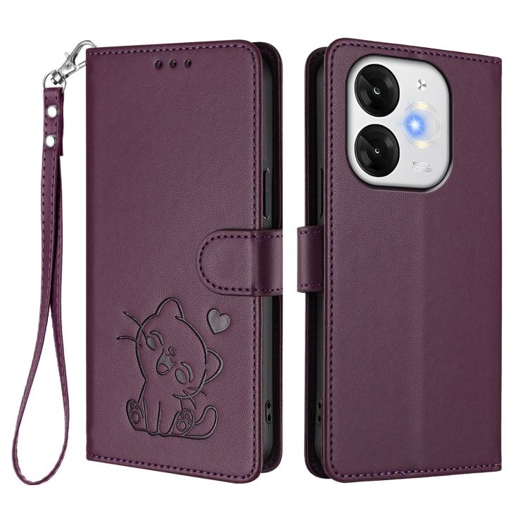 For Itel A80 4G Embossed Heart Cat Leather Phone Case with Hand Strap