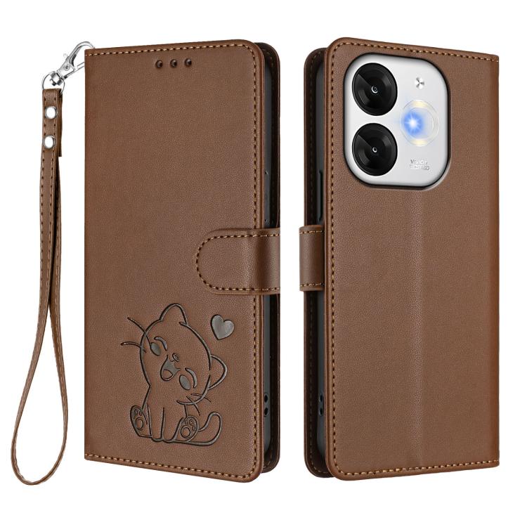 For Itel A80 4G Embossed Heart Cat Leather Phone Case with Hand Strap
