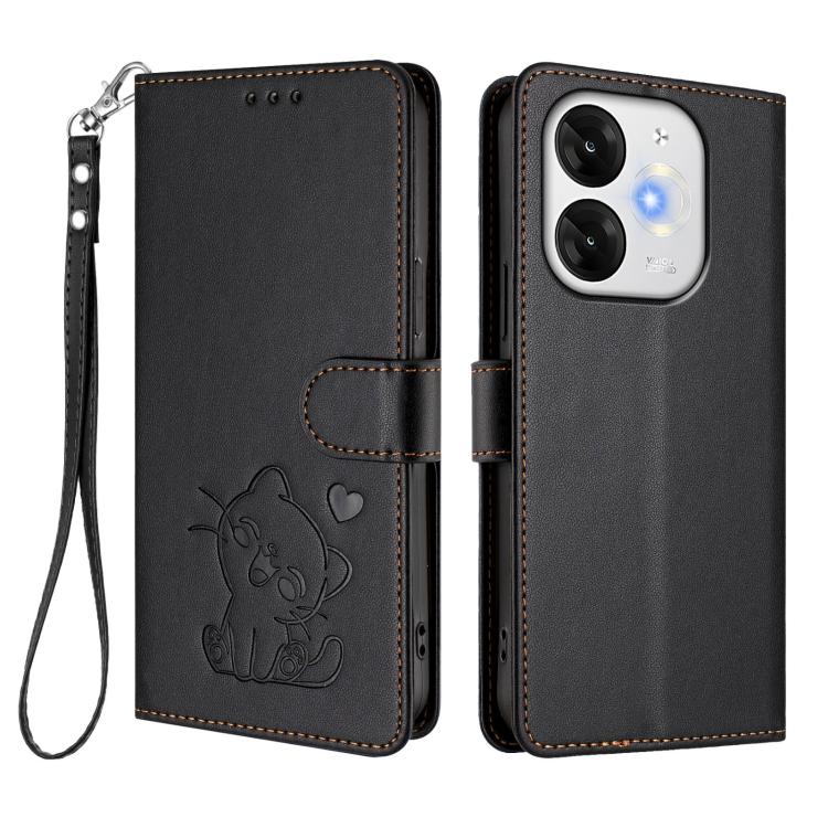 For Itel A80 4G Embossed Heart Cat Leather Phone Case with Hand Strap
