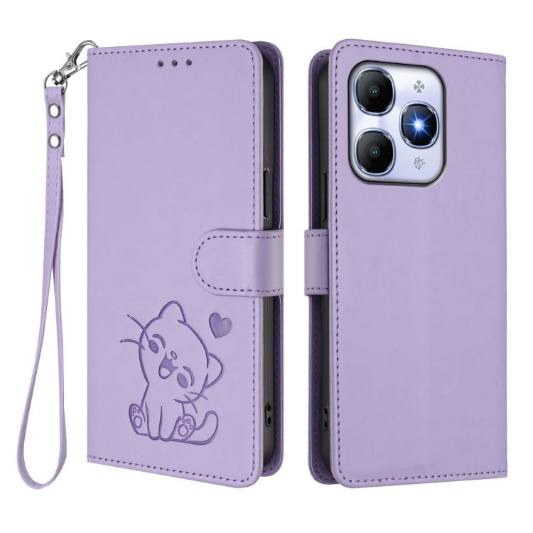 For Itel A90 4G Embossed Heart Cat Leather Phone Case with Hand Strap
