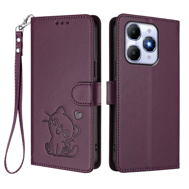 For Itel A90 4G Embossed Heart Cat Leather Phone Case with Hand Strap