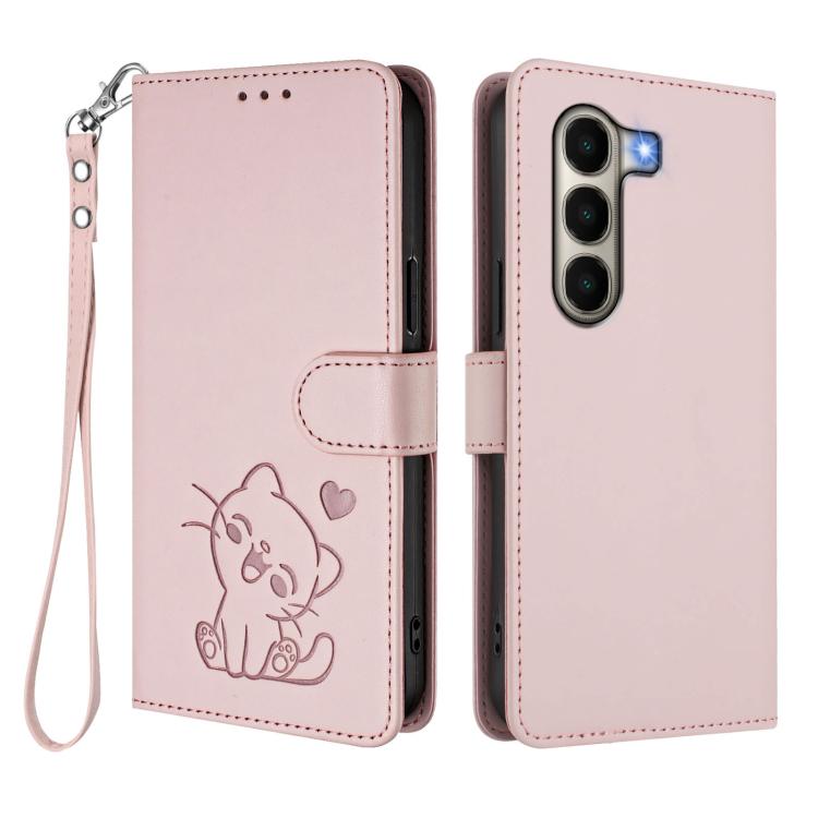 For Itel A95 5G Embossed Heart Cat Leather Phone Case with Hand Strap