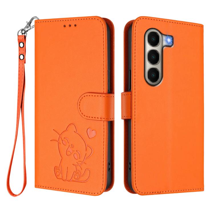 For Itel A95 5G Embossed Heart Cat Leather Phone Case with Hand Strap