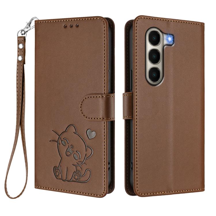 For Itel A95 5G Embossed Heart Cat Leather Phone Case with Hand Strap