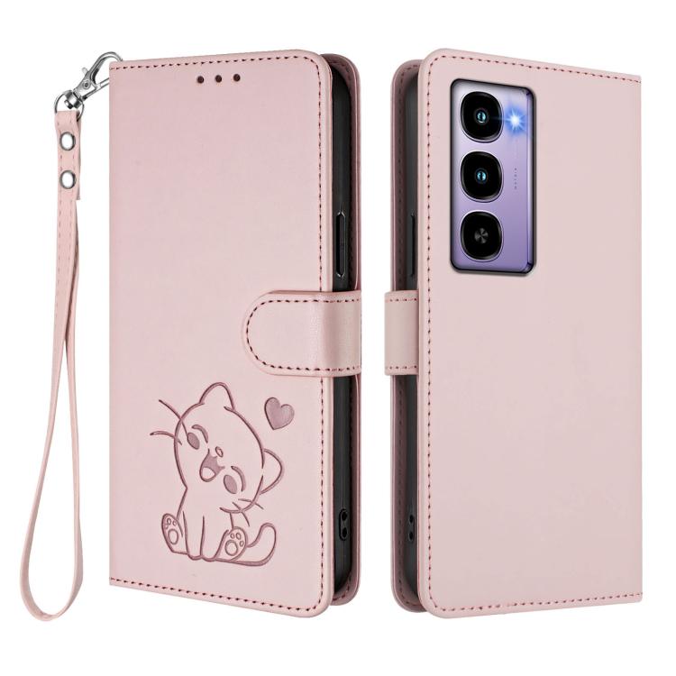 For Itel City 100 Embossed Heart Cat Leather Phone Case with Hand Strap
