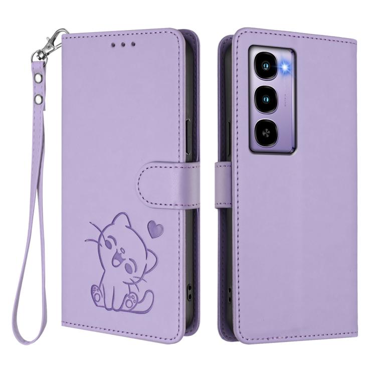 For Itel City 100 Embossed Heart Cat Leather Phone Case with Hand Strap