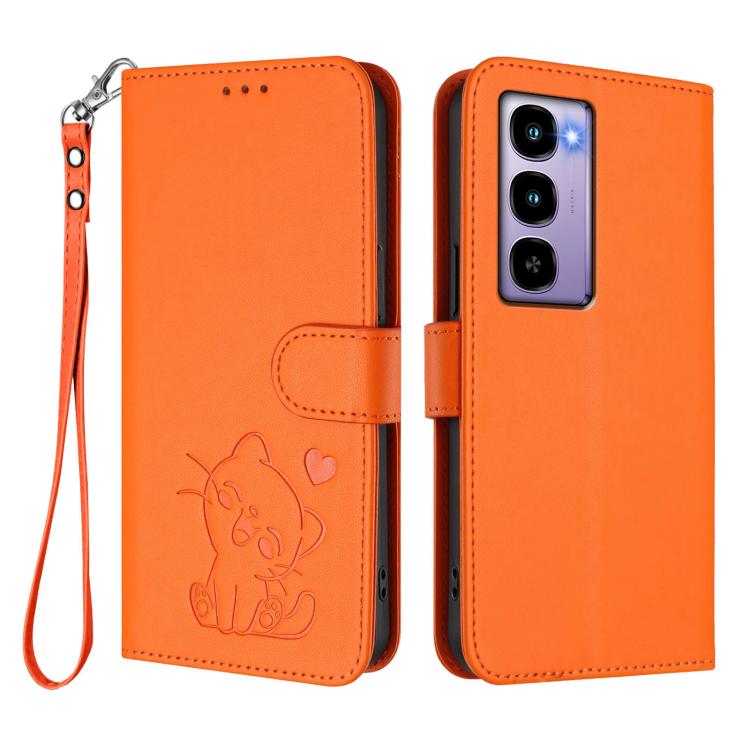 For Itel City 100 Embossed Heart Cat Leather Phone Case with Hand Strap
