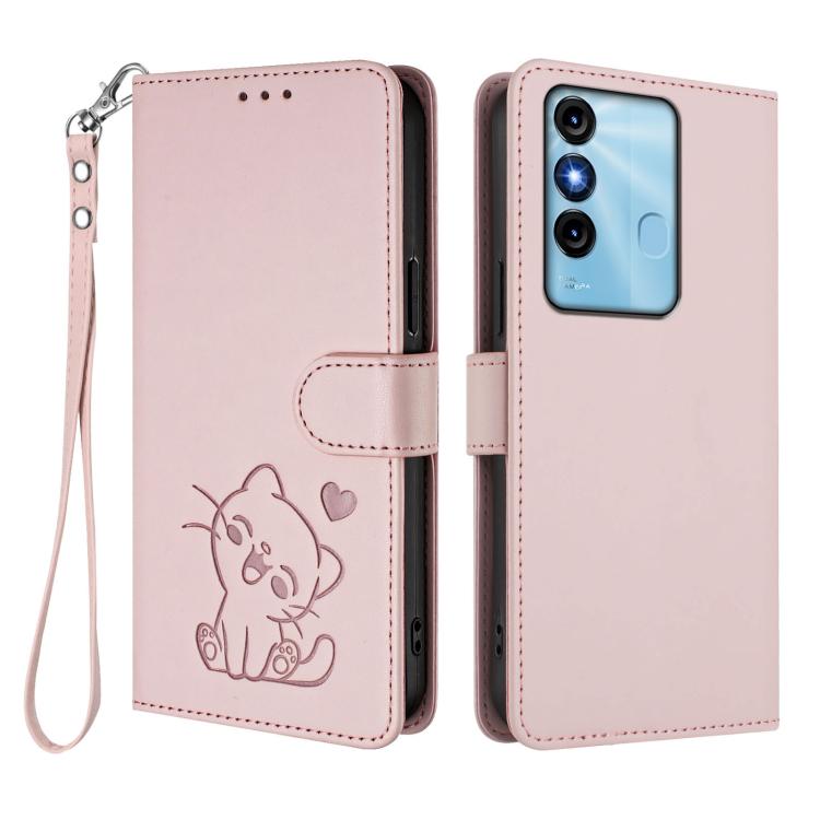 For Itel P38 / S17 / Vision 3 Embossed Heart Cat Leather Phone Case with Hand Strap
