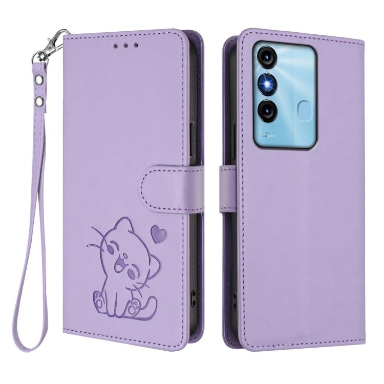 For Itel P38 / S17 / Vision 3 Embossed Heart Cat Leather Phone Case with Hand Strap