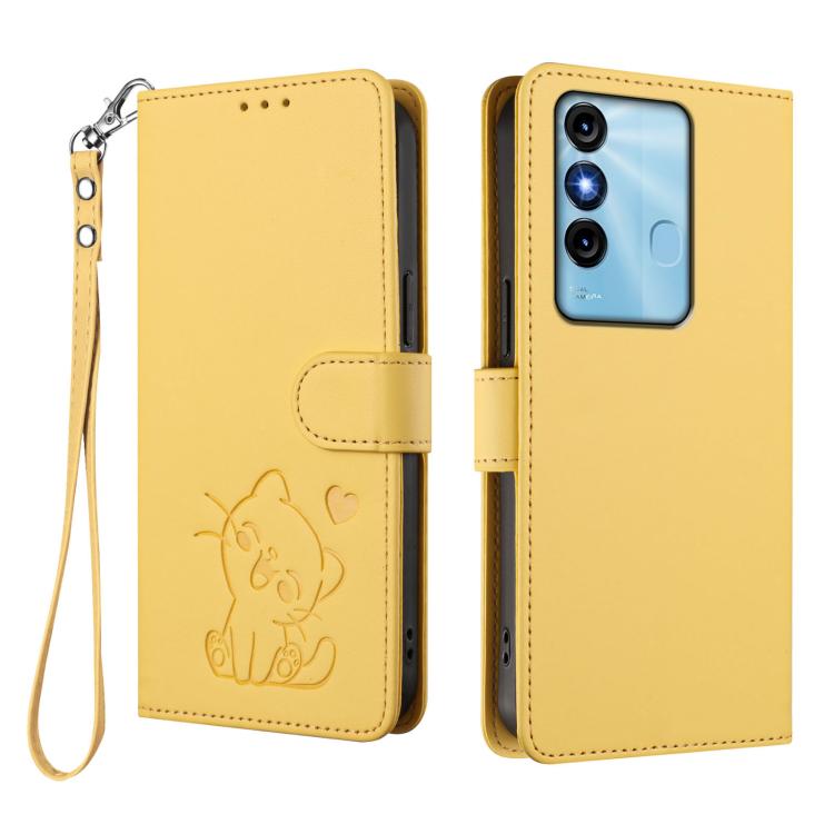 For Itel P38 / S17 / Vision 3 Embossed Heart Cat Leather Phone Case with Hand Strap