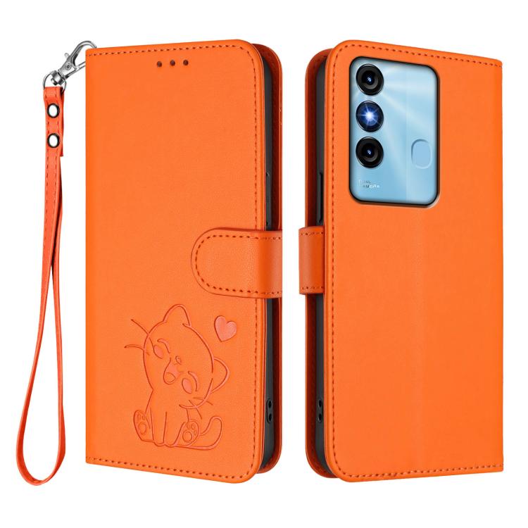 For Itel P38 / S17 / Vision 3 Embossed Heart Cat Leather Phone Case with Hand Strap