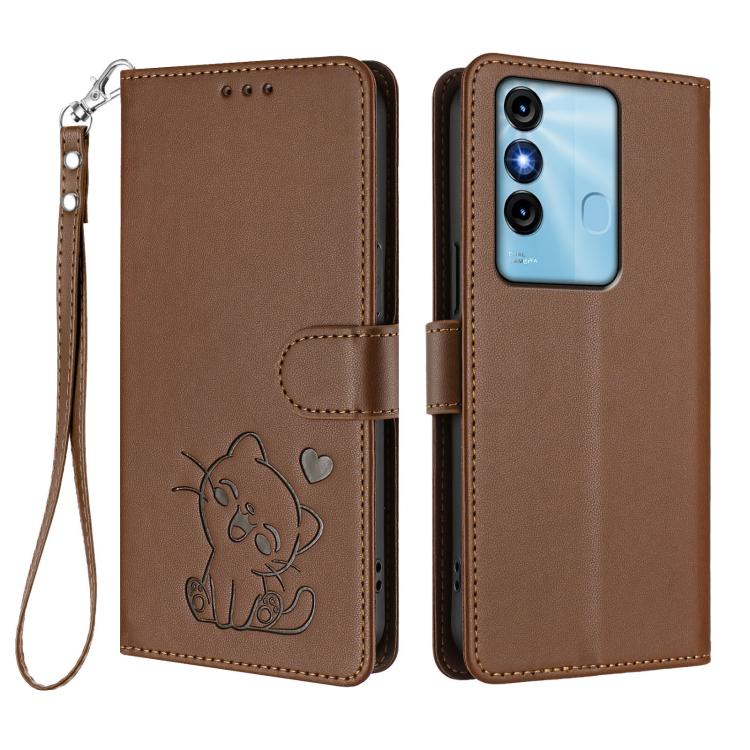For Itel P38 / S17 / Vision 3 Embossed Heart Cat Leather Phone Case with Hand Strap