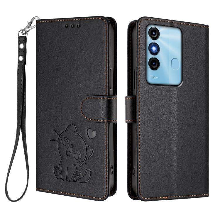 For Itel P38 / S17 / Vision 3 Embossed Heart Cat Leather Phone Case with Hand Strap