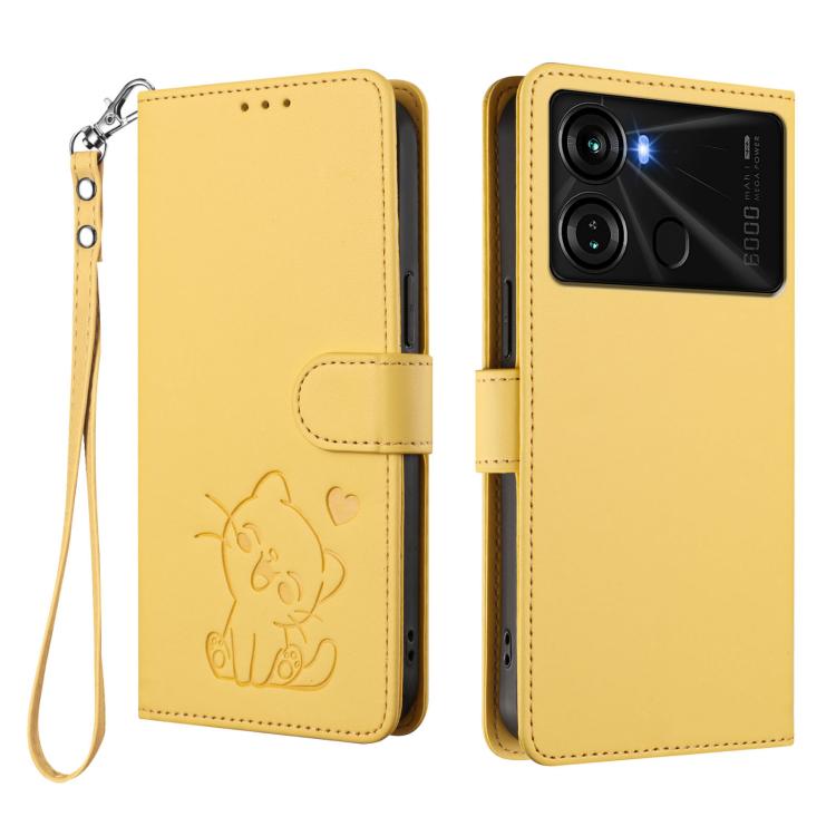 For Itel P40 Embossed Heart Cat Leather Phone Case with Hand Strap