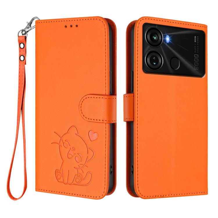 For Itel P40 Embossed Heart Cat Leather Phone Case with Hand Strap