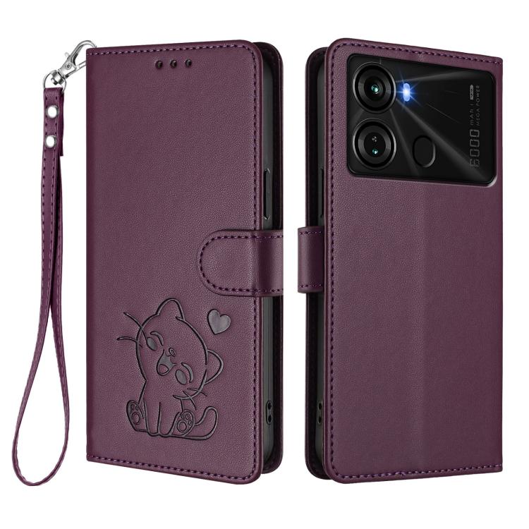 For Itel P40 Embossed Heart Cat Leather Phone Case with Hand Strap