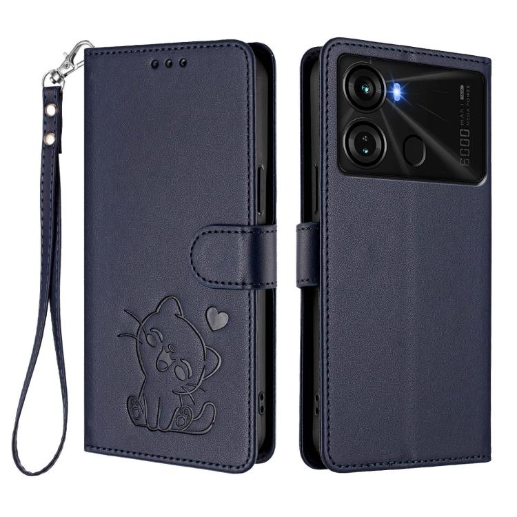 For Itel P40 Embossed Heart Cat Leather Phone Case with Hand Strap