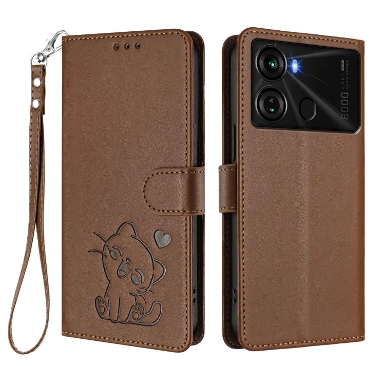 For Itel P40 Embossed Heart Cat Leather Phone Case with Hand Strap