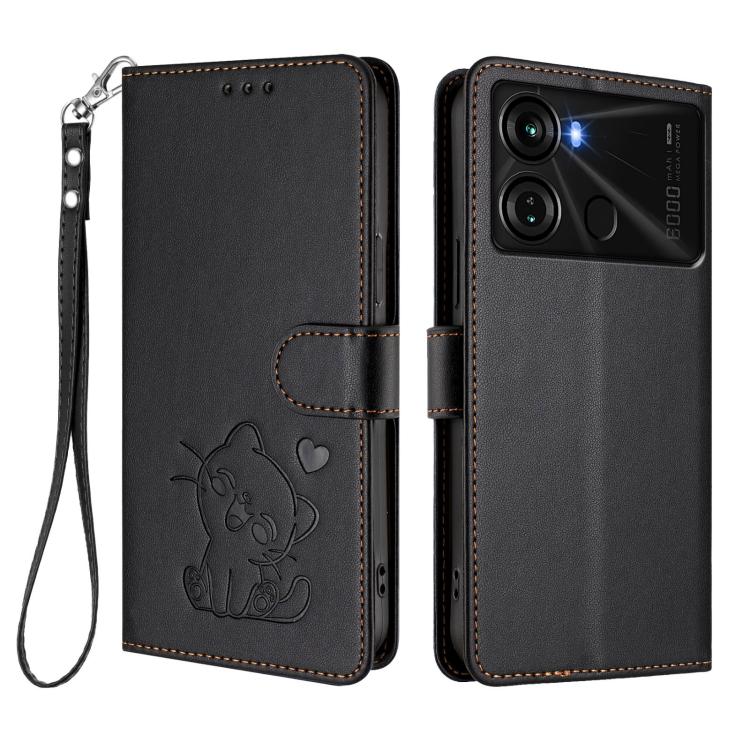 For Itel P40 Embossed Heart Cat Leather Phone Case with Hand Strap