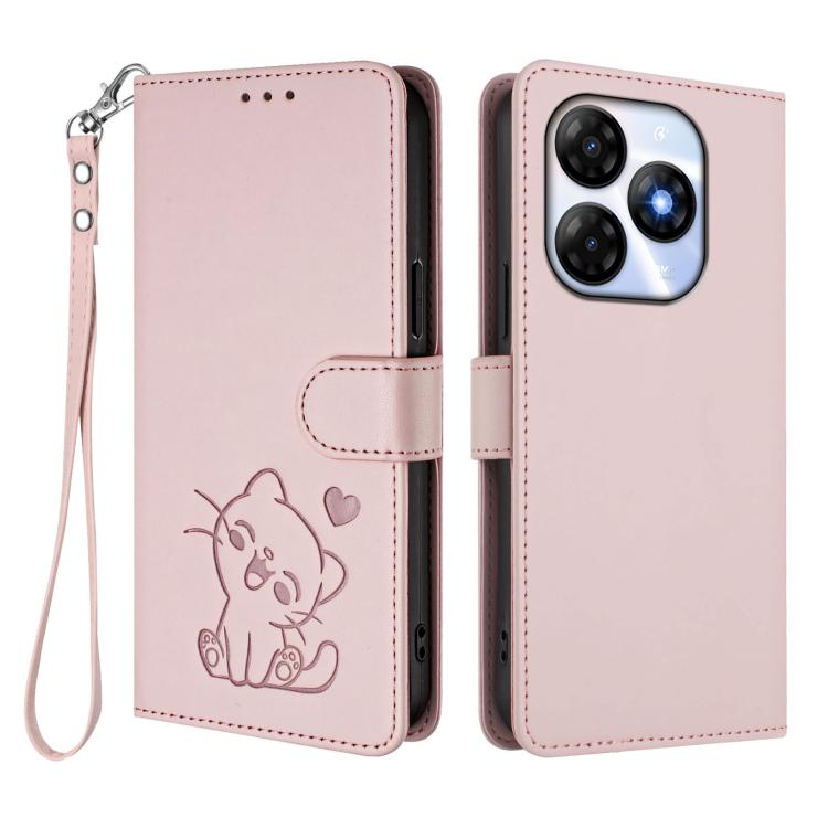 For Itel P55 4G / Smart 8 Embossed Heart Cat Leather Phone Case with Hand Strap