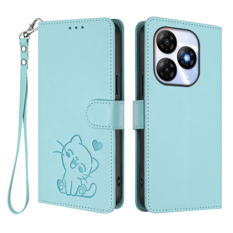 For Itel P55 4G / Smart 8 Embossed Heart Cat Leather Phone Case with Hand Strap