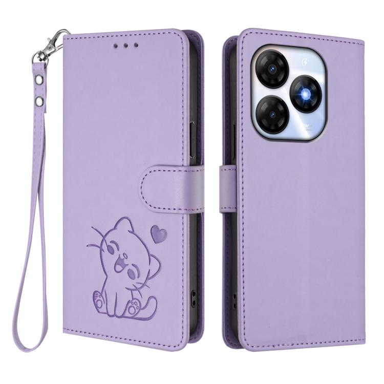 For Itel P55 4G / Smart 8 Embossed Heart Cat Leather Phone Case with Hand Strap