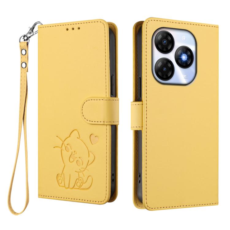 For Itel P55 4G / Smart 8 Embossed Heart Cat Leather Phone Case with Hand Strap
