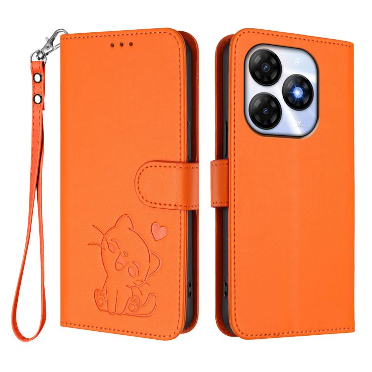 For Itel P55 4G / Smart 8 Embossed Heart Cat Leather Phone Case with Hand Strap