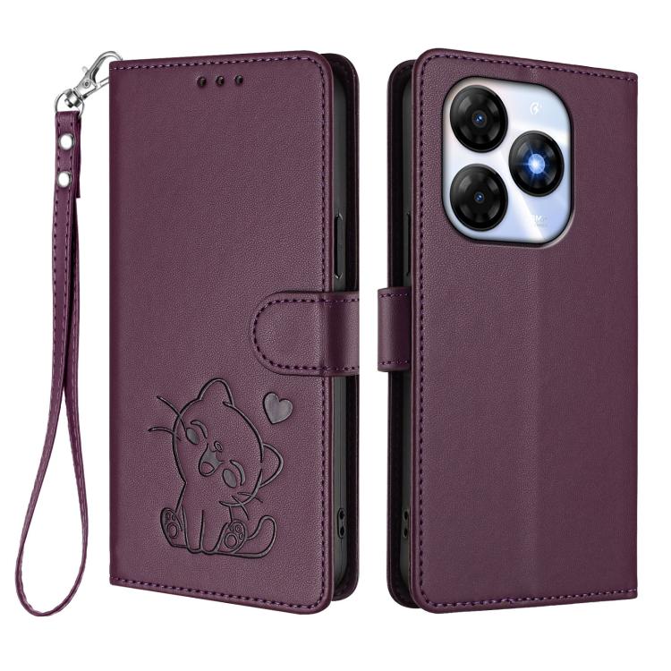 For Itel P55 4G / Smart 8 Embossed Heart Cat Leather Phone Case with Hand Strap