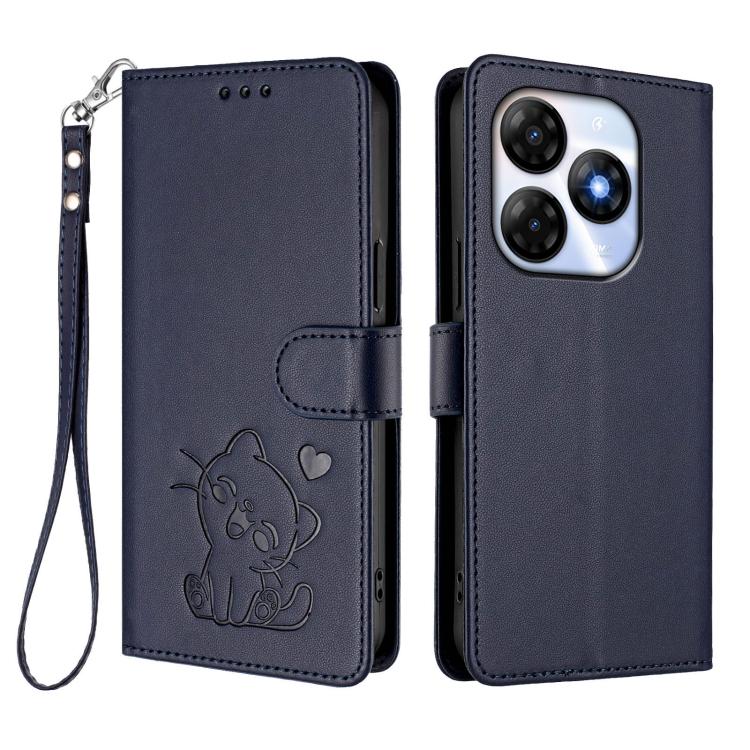 For Itel P55 4G / Smart 8 Embossed Heart Cat Leather Phone Case with Hand Strap