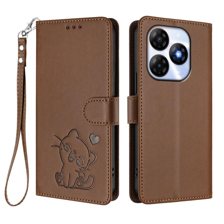 For Itel P55 4G / Smart 8 Embossed Heart Cat Leather Phone Case with Hand Strap